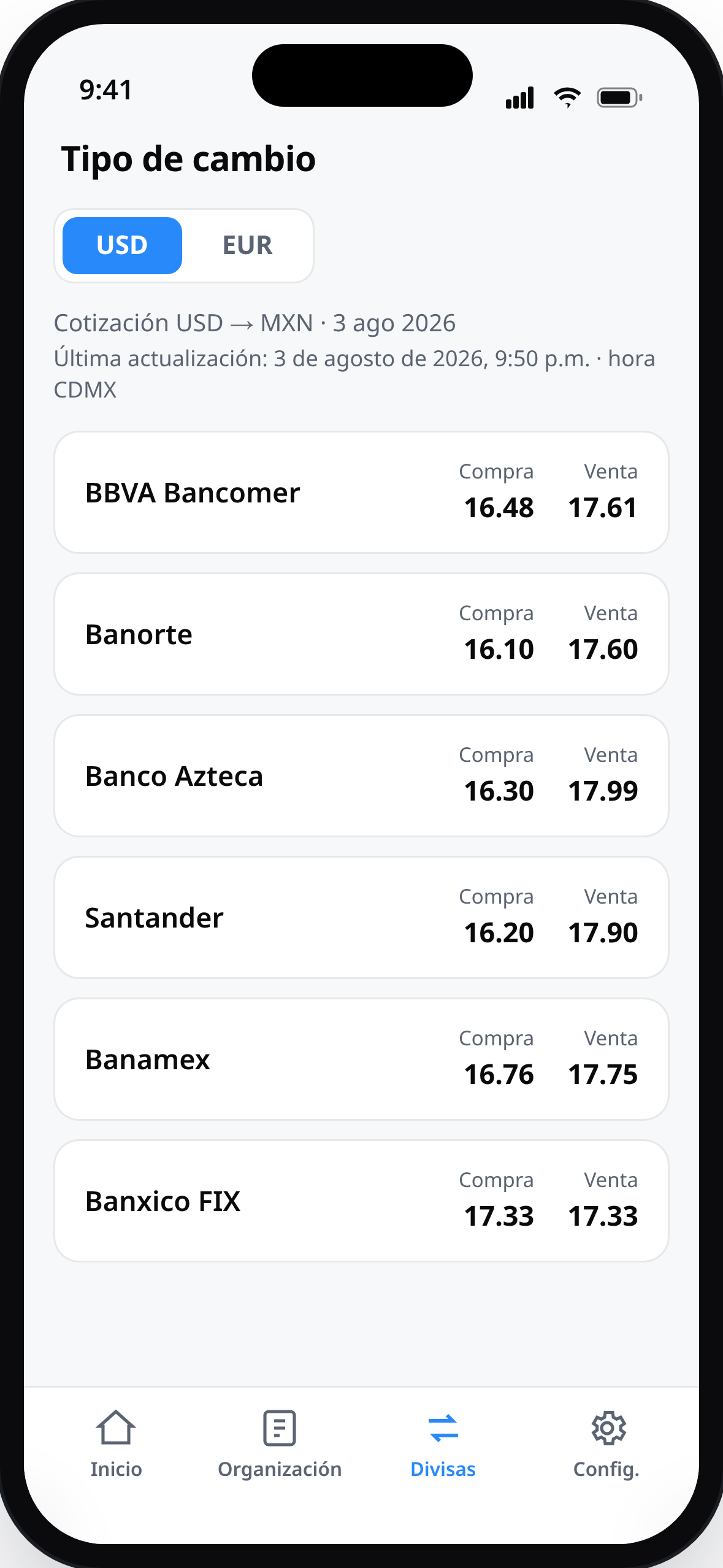 Tipo de cambio USD/MXN por banco en la app Clarisfy